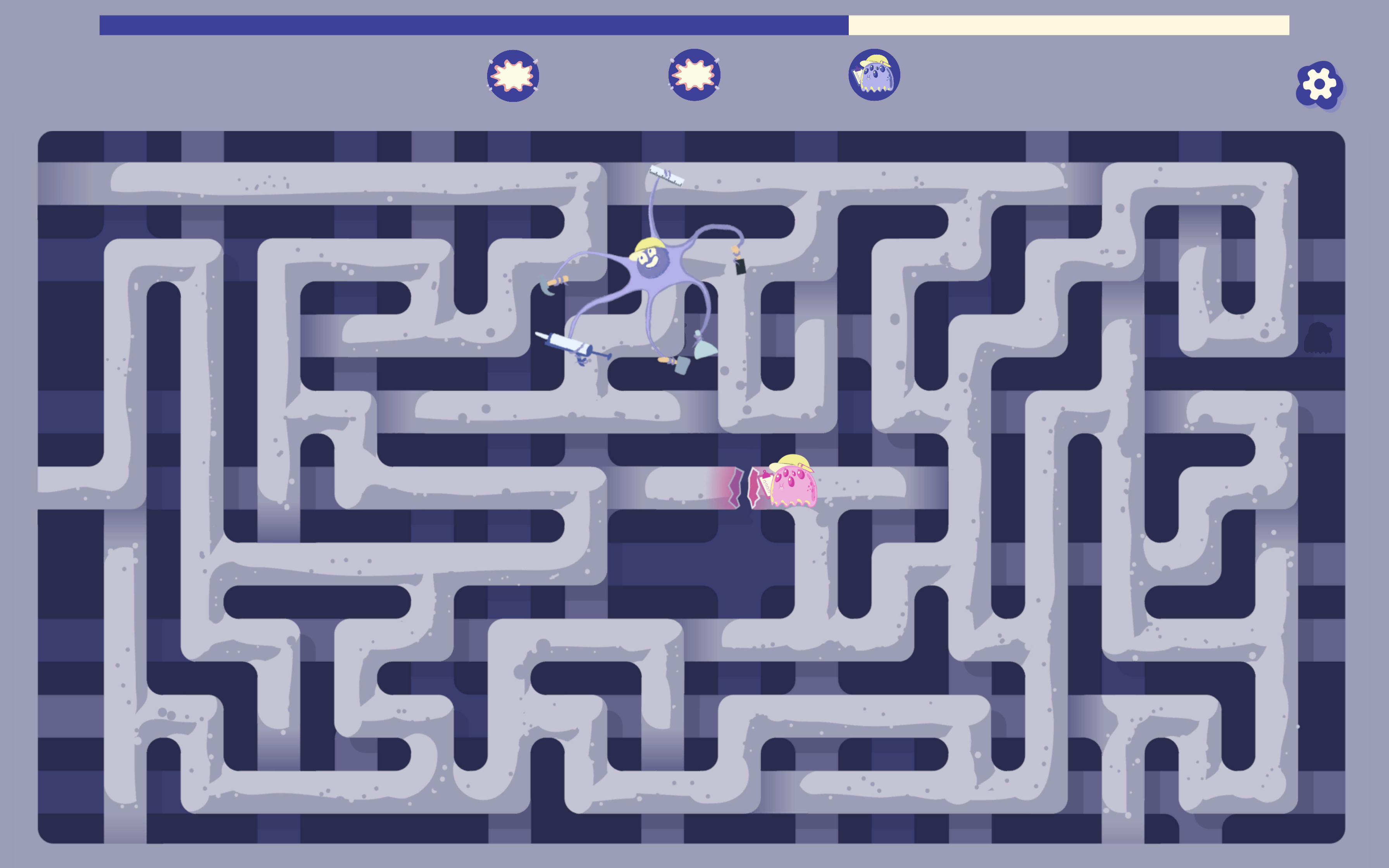 A maze with a cartoon stylized character of an osteoclast and osteoblast.